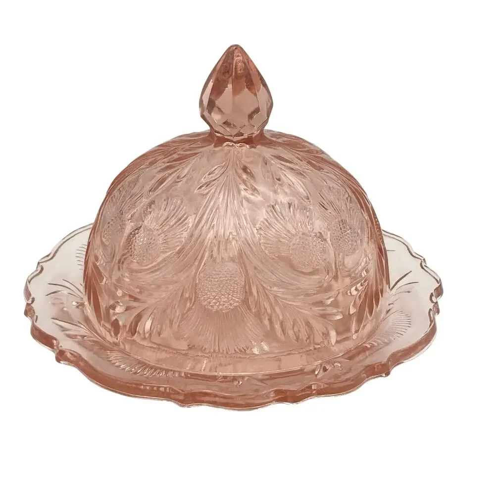 Passion Pink Round Dome Covered Butter Dish Inverted Thistle Mosser Glass USA